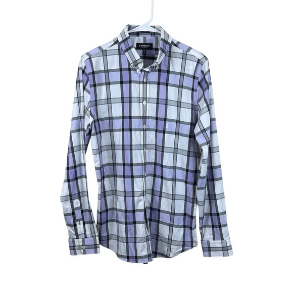 Express Performance Shirt Small Slim Purple Navy Plaid Button Up Long Sleeve New - Picture 1 of 7